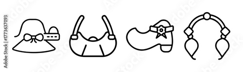Collection of fashion accessories including hat handbag shoe and hairband simple outline icons