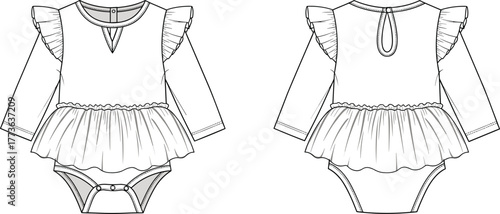 Baby girl romper dress flat sketch, ruffle sleeve bodysuit with frill waist design, cute infant outfit, cad drawing flat vector illustration