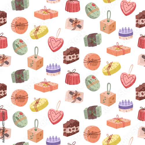 trendy seamless pattern with flat, colorful, handmade soap pieces in various shapes. variety of fragrances. for packaging cosmetics, textiles, wrapping paper, spa decor, and natural hygiene products.