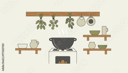 A rustic kitchen setting featuring herbs hanging pots simmering and natural textures rendered in soft flowing lines.