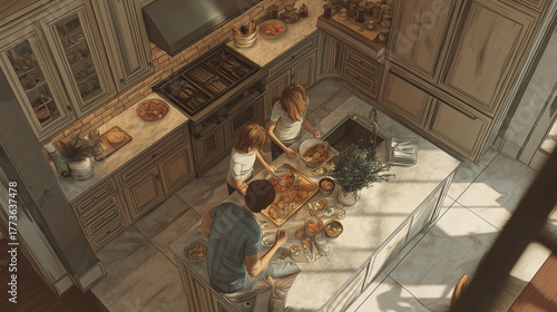 Couple preparing breakfast, overhead kitchen island view