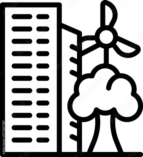 Modern building generating clean energy using a wind turbine, promoting sustainable urban development and eco conscious practices