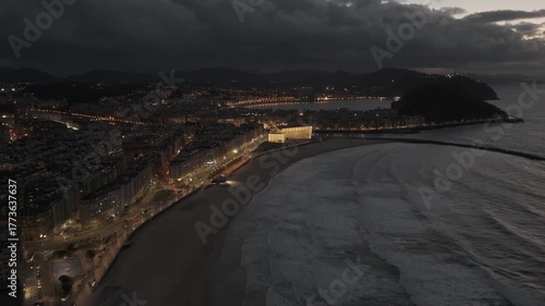 Night aerial view of Donostia San Sebastian with Zurriola beach at the Basque Country.
