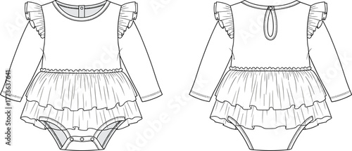 Baby girl romper dress flat sketch, ruffle sleeve bodysuit with layered skirt design, fashion clothing template, cad drawing flat vector illustration