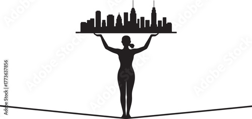 Woman balancing cityscape on tightrope symbolizing determination and urban challenge