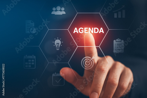 Agenda meeting appointment activity information concept. List of meeting activities, man hand pushing a button agenda on screen, ending with adjournment