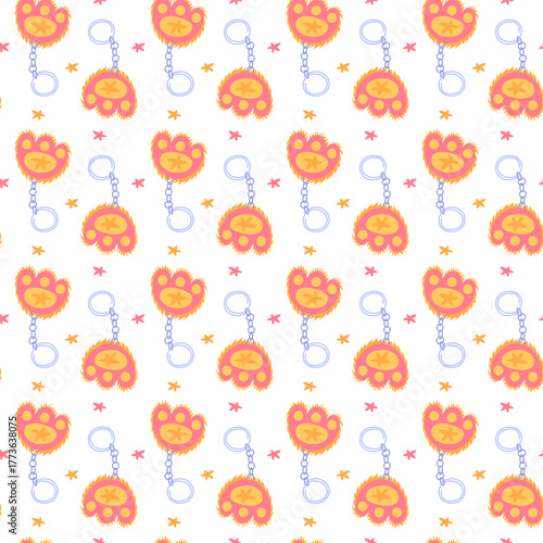 Seamless pattern with cute colorful keychains in the shape of fluffy animal paws. Antistress keychains with orange fur. K-pop fans. Fashionable bright flat texture for textiles, packaging, and design.