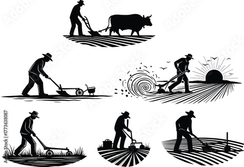 Traditional farming illustration, vintage agriculture artwork, farmer plowing field, ox cart drawing, rural countryside scene, heritage