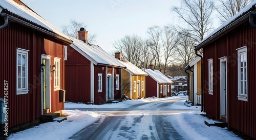 Street lined with traditional swedish red wooden houses in winter