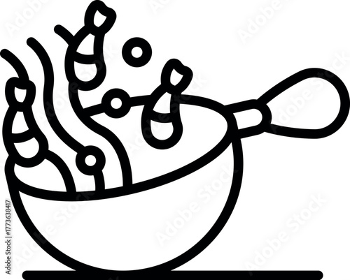Wok containing boiling water, shrimps and spices, ideal for restaurants, cooking and food industry