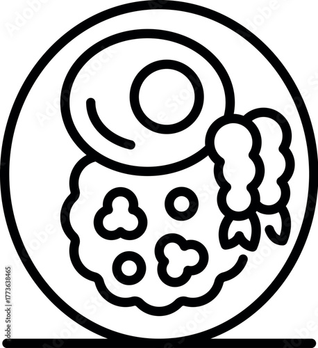 Round plate containing rice, shrimps and fried egg, simple line icon representing a typical asian dish
