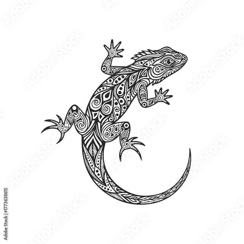 Ornate Black and White Lizard Illustration.