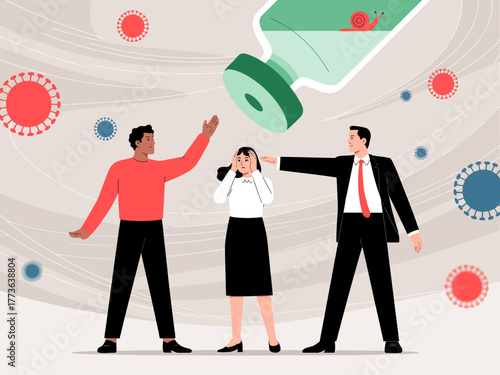 A conceptual illustration depicting a situation of conflict regarding vaccination, featuring three figures expressing different opinions around a large vaccine bottle.
