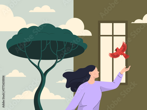 In a serene setting, a woman interacts with a vibrant red cardinal, symbolizing freedom and joy while featuring a beautifully stylized tree and clouds in the background.