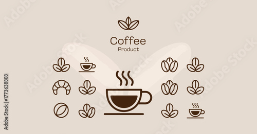 A collection of minimalist coffee and pastry illustrations features cups, beans, and croissants, perfect for branding or product packaging in the culinary industry.