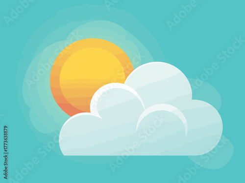 This image features a cheerful sun peeking from behind fluffy clouds, set against a calming turquoise background, representing a bright and sunny day in a simplistic style.