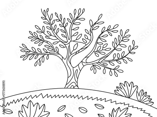 A minimalist black and white illustration of a tree presents a serene landscape, emphasizing natural beauty and simplicity, perfect for relaxing and creative artwork inspirations.