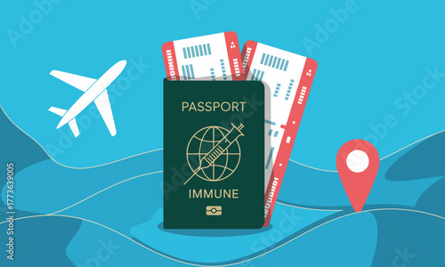 Illustrating an immune passport complete with travel tickets and an airplane to symbolize safety and convenience in traveling during health-conscious times.