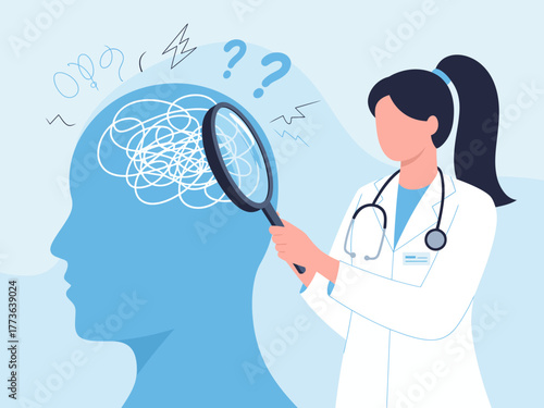 A healthcare professional examining a patient's mental health using a magnifying glass over a stylized head filled with swirling thoughts, symbolizing the journey of understanding emotions.