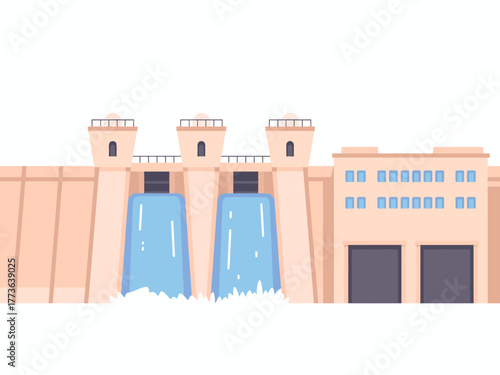 This image showcases a large hydroelectric dam featuring powerful, cascading waterfalls alongside a structured building, emphasizing renewable energy generation.