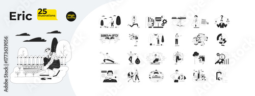 Chinese man character with work and everyday scenes outline illustrations mega bundle. Business, farming, technology, charts 2D linear images isolated. Collection black and white vector drawings