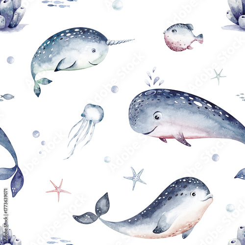 Watercolor seamless pattern with underwater world Bright fish, whale, shark dolphin starfish animals. Jellyfish seashells. Sea and ocean fish life background