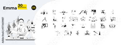 Blonde female character with work, hobbies and leisure outline illustrations mega bundle. Remedies, Oktoberfest, finance, job 2D linear images isolated. Collection black and white vector drawings