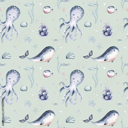 Watercolor seamless pattern with underwater world Bright fish, whale, shark dolphin starfish animals. Jellyfish seashells. Sea and ocean fish life background
