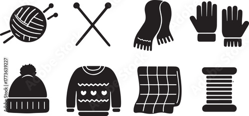 Winter Silhouette Icons of Knitting Supplies Clothing and Accessories for Cozy Weather
