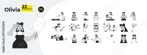 Hispanic curvy woman with emotions, social media, lifestyle outline illustrations mega bundle. Phone using, cooking, wellness 2D linear images isolated. Collection black and white vector drawings