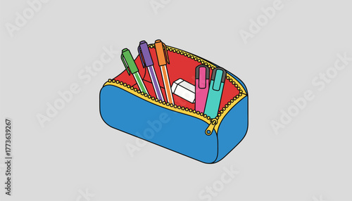 A pencil case unzipped revealing an organized assortment of gel pens highlighters and erasers resting inside.