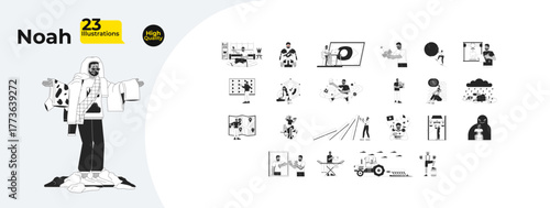 African american male character with lifestyle, emotions, work outline illustrations mega bundle. VR, eye tracking, consumerism 2D linear images isolated. Collection black and white vector drawings