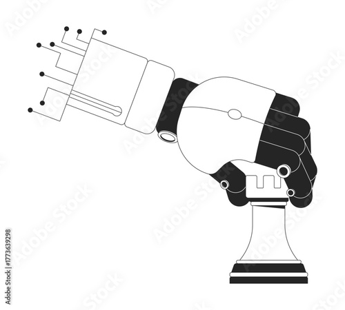 Robotic hand gripping rook chess piece outline illustration. AI robot arm holding chessman. Machine learning. Decision-making logic isolated 2D vector image black and white. Linear drawing clip art