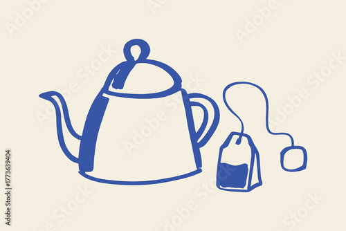 Teapot with tea bag naive sketch vector illustration