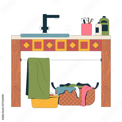 Laundry sink with storage basket 2D cartoon object. Eclectic faucet, hanging towel, clothes basin, wicker hamper, toiletries isolated element flat vector clip art on white. Spot illustration