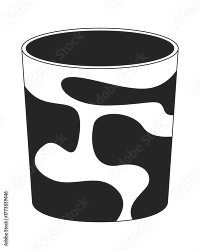 Wastebasket with modern abstract cow print 2D line object. Empty wastepaper basket. Trash bin. Black white pattern garbage can isolated clipart vector ink outline item. Monochrome spot illustration