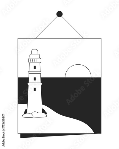 Hanging lighthouse wall art with sunset 2D line object. Decorative poster with coastal beacon oceanside. Seaside maritime decor isolated clipart vector ink outline item. Monochrome spot illustration