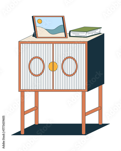 Stylish wooden nightstand with photo frame and book 2D cartoon object. Modern cabinet with ribbed detailing. Bedroom furniture isolated element flat vector clip art on white. Spot illustration