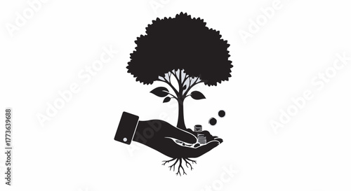 Hand nurturing a growing tree with coins, symbolizing investment and financial growth.