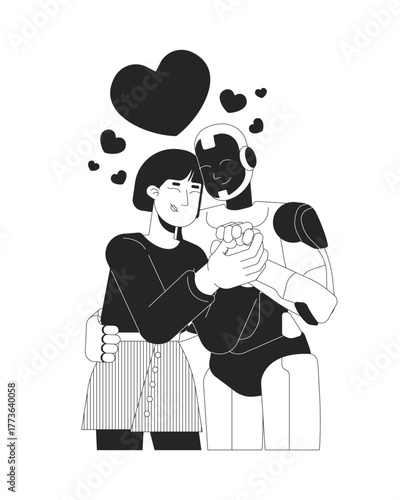 Human and AI relationship line illustration concept. Artificial intelligence attachment. Asian woman embracing humanoid robot affectionately outline 2D characters isolated. Ink linear metaphor vector