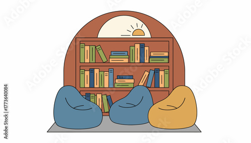 A cozy reading nook in a classroom filled with bean bags and shelves of books inviting students to dive into their favorite stories.