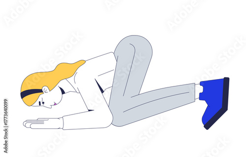Humble blonde woman bowing in kneeling pose 2D cartoon character. Respect submission. Caucasian female adult in silent apology flat vector person isolated on white. Spot illustration colorful