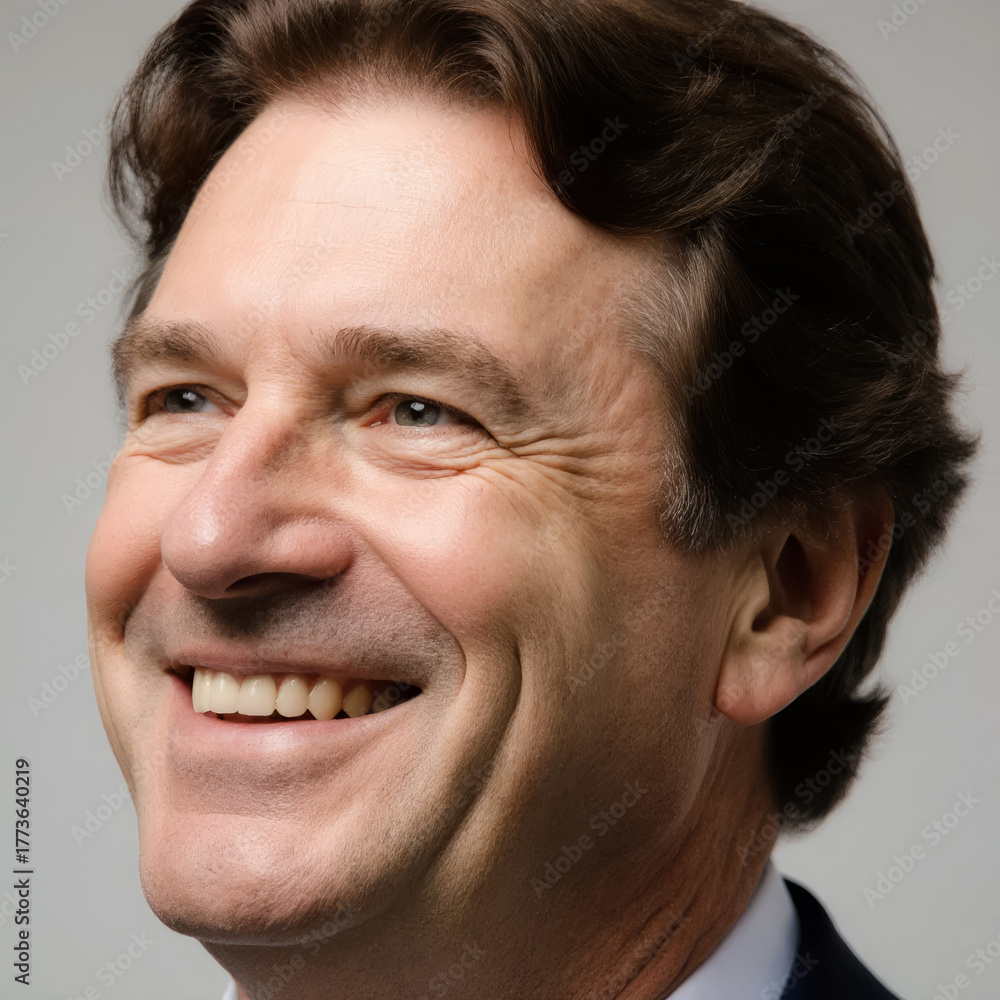 Fototapeta premium Smiling middle-aged man with short brown hair and light skin, looking slightly upward against neutral background—capturing optimism, warmth, and expressive facial detail.