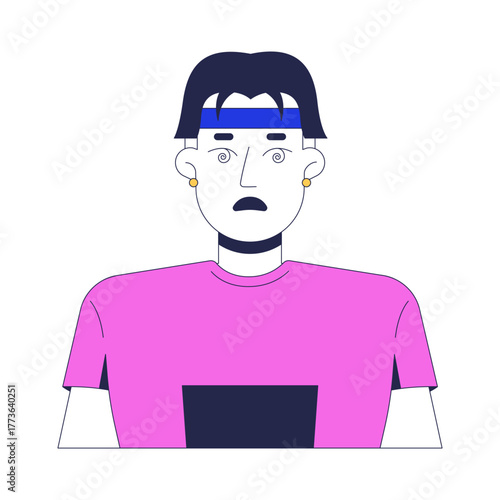 Chinese man with dizzy face expression 2D cartoon character. Disoriented reaction, mental fatigue. Confused asian guy spiral eyes flat vector person isolated on white. Spot illustration colorful