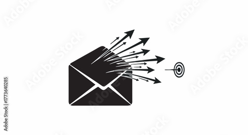 Email marketing campaign sending messages to target audience with arrows bursting from envelope.