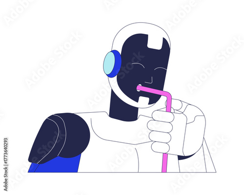 Cute humanoid robot sips straw 2D cartoon character. Scifi machine sipping. Artificial intelligence drinking through plastic tube flat vector personage isolated on white. Spot illustration colorful