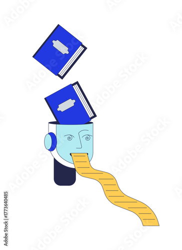 AI robot consuming books and generating data 2D cartoon character. Artificial intelligence machine learning, content creation flat vector personage isolated on white. Spot illustration colorful