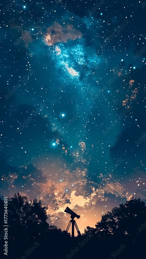 Fototapeta premium Telescope Silhouette Pointed at a Starry Night Sky. Astronomy Discovery, Cosmic Exploration, Stargazing Hobby.