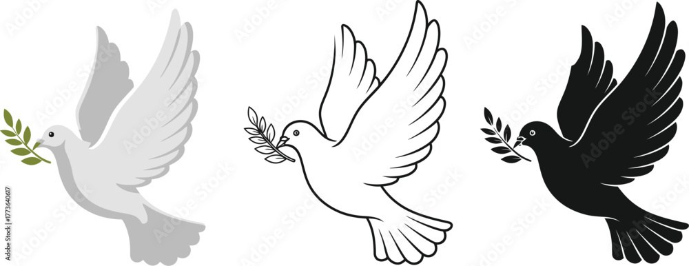 Obraz premium Three doves holding olive branches in different styles and color tones