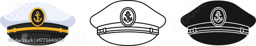 Three captain hats in color outline and silhouette on white background